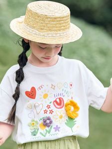 Pure Cotton Vải Bông Áo Thun Ngắn Tay Cho Bé Gái Trắng Thời Trang Mới Mùa Hè Hoạt Hình In Nhẹ Thương Hiệu Trẻ Em Áo Yin Meng