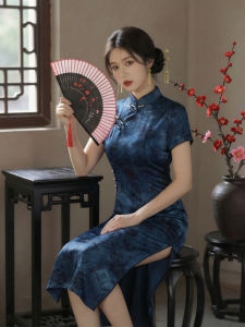 Spring Summer Female Floral Retro Blue Short Sleeve Breathable Daily Fitted Elegant Cheongsam Dress
