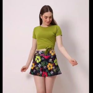 SETELAN ROK SENAM FLOMEDSET CORAK BUNGA BAJ ZUMBA AEROBIK DANCE WANITA