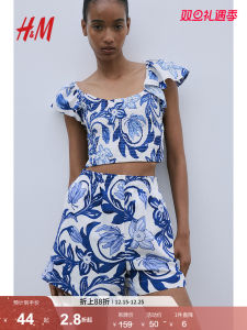 Áo Thun Nữ H&M Mùa Thu Cotton Mềm Mại Thời Trang Thường Ngày Thêu Dài Tay Ngắn Dáng Ôm Xếp Ly Vải Lanh 52% Viscose 48%