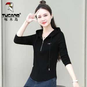 TUCANO Woodpecker Early Autumn Pure Cotton Hooded Long Sleeve Womens T-shirt Loose Slimming Versatile Base Shirt Sweatshirt