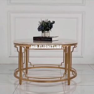 Meja Tamu Bulat Klasik Gold Top Marmer Krem