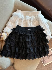 GUZILIAN | Spring Summer Sweet Layered Cake Skirt Elastic Waist A-Line Short Skirt Women Versatile A-Line Mini Skirt High Waist Design