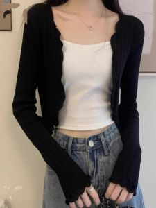 Black Short Knitted Sweater with Wood Grain Edge Female Summer New Style Long Sleeve Thin Top Small Shoulder Wrap Cardigan