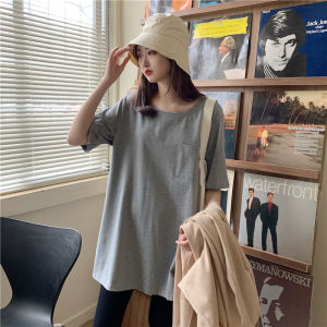 Pure Cotton Short Sleeve T-Shirt Womens Ins Fashion Summer Clothing Loose Slim Looking Korean Style plus Size T-shirt Hong Kong Style Mid-Length Pure Color Tops