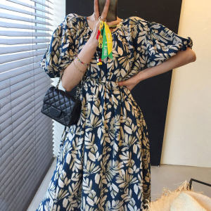 (CLE)Alisa.Sonya Womens Cotton Dress Korean Style Green Floral V-Neck Short sleeves Loose Waist Casual Long Maxi Dress For Women Plus size