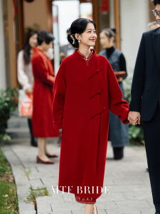 Red Woolen Coat for Women Princess Style Straight Cut Long Sleeve Stand Collar Single Button Closure Comfortable Warm Outerwear