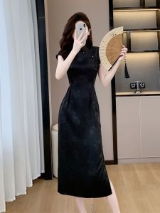 Elegant Black Slit Long Dress Womens Summer Hepburn Style New Chinese Light National Trend Improved Cheongsam Dress