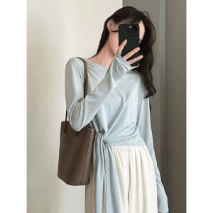 เสื้อคลุมกันแดดผ้าไหมน้ำแข็งบางไซส์ใหญ่ แขนยาว ทรงหลวม ทรงสลิมฟิต สำหรับผู้หญิงในช่วงฤดูร้อน ปี 2025 เสื้อยืดคอตตอนผ้าฝ้าย