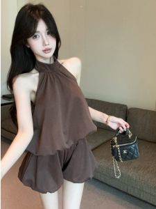 GUZILIAN | Summer New Style Neck Hanging Vest Hot Girl Back Exposure High Waist Bud Short Pants Casual Fashion Two-Piece Set For Young Women