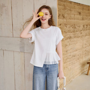 XIANGYING | Design Sensibility Lace-spliced and Cotton Thin T-shirt Women