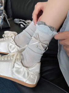 Pure Cotton Pearl Lace Socks with Butterfly Knots Mid-Calf No-Cuff Summer Miu Style Grey Bubble Open-Toe Ballet Flavored Socks