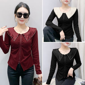 Yimei 2025 mùa xuân khí chất hợp thời trang mới Bông Áo sơ mi giảm béo và giảm béo móng tay hạt v-cổ Tay áo dài áo phông có dây kéo áo nhỏ đỏ