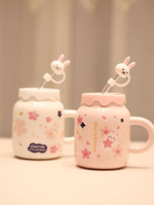 Cute Ceramic Mugs with Straws Office Ladies Water Cups High Aesthetic Value Girls Heart Coffee Cups Animal Pattern Japanese Style