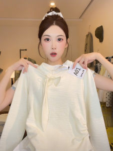 Sweet Short Shoulder T-Shirt Womens Gentle Milk Apricot Long Sleeve Butterfly Knot Hollow out 3D Decoration Daily Wear