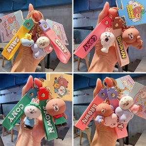 Cartoon Linefriends Brown Bear And Bunny Keychains Womens Style Couple Car Ornaments Silicone Material Anime Themed Gifts