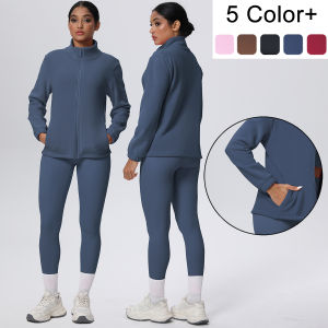 2Pieces Solid Color Sports Fitness Clothing Yoga Set High Neck Keep Warm Velvet Yoga Zipper Jacket Legging Push Up Yoga Pants