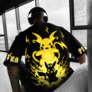 Bandai | 2026 Summer New Pokemon Cotton T Shirt Pikachu and Raichu Yellow Print with Lightning Effects Loose Fit Men Women Casual
