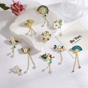 New Chinese Style Ancient Flowing Tassel Fan Pearl Embedded Oil Drop Flower Brooch Pin Qipao Button Pin Chest Flower Jewelry