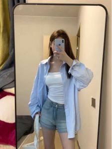 Loose Long Sleeve Womens Shirt Simple Pure Color Anti-UV Spring Summer Casual Comfortable Design Sensation Lazy Style