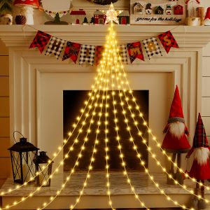 Solar-Powered LED Christmas Star Waterfall Lights 8 Modes - Indoor/Outdoor Decoration for Christmas Tree Garden Curtain