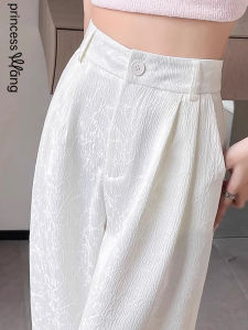 WANGGONGZHU | High Waist Floral Embroidery Wide Leg Pants Womens Summer New Style Silk Narrow Version Casual Straight Cut Trousers