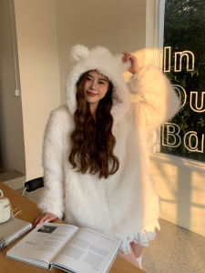 ขนแกะ มีฮู้ด เสื้อสเว็ตเชิ้ต หูหมี หนาขึ้น ผู้หญิง ฤดูหนาว เสื้อโค้ท อบอุ่น ผ้าฝ้าย มีฟองน้ำ ความยาวปานกลางยาว ซิป ปิดขนเทียม