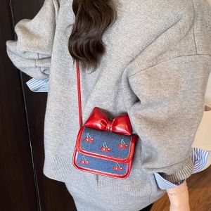 Cute Butterfly Knot Mini Red Square Bag for Girls Fashionable Crossbody Bag Korean Style Embroidery Design Casual Shoulder Bag