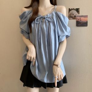WANGGONGZHU | Loose Casual Shoulder Bared Short Sleeve Womens Shirt Summer New Design Princess Style Comfortable Fashion Upperwear