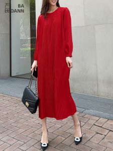 BAILUOANN | Bailuan Round Neck Loose Long Dress Womens Autumn New Style Draped Slimming Pleated Skirt Large Size Dress Commute Simple Style