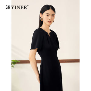 YINER | V-Neck Slimming Triacetate-Blend A-Line Black Dress