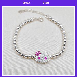 FLORA 0443L - Lắc tay bạc ta dây bi trơn mix hình mèo Hello Kitty dành cho bé gái