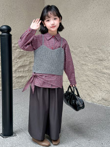 MPW | Girls Plaid Set Korean Style Spring Autumn Loose Fashionable Three-piece Suit Childrens Clothing Cotton Shirt Vest Pants