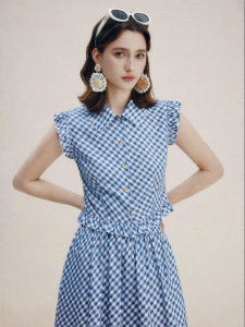 FAMANXUAN | French Style Blue and White Check Small Flare Sleeve Blouse