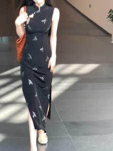 Black Butterfly Print Qipao Dress Womens Summer Sleeveless Long Dress High Waist Gold Embroidery Retro Chinese Style Maxi Dress