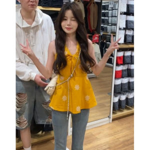 YUEZHONGWEI | Áo vest thêu cổ chữ V kiểu Pháp dành cho nữ mùa hè Áo khoác ngoài không tay eo thắt lưng Áo không tay cổ chữ V