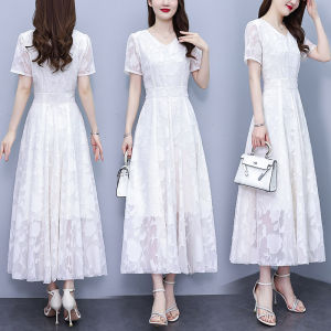Impression Fashion Store Women Elegant V-neck Short Sleeve Chiffon High Waist A-line Plus Size Plain Midi Dress