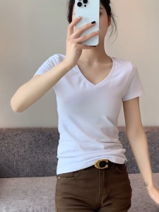 V-neck short-sleeved T-shirt womens slim-fit top summer slim all-match solid color T-shirt