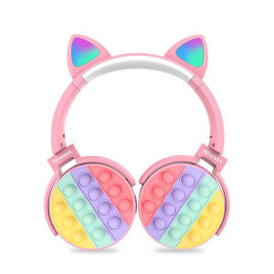 VAORLO Decompression Bubble Wireless Headphones Cat Ears Cute Flash Light HIFI Stereo Music Headsets Support TF Card/AUX/FM Play With Mic Earphones Foldable Adjustable
