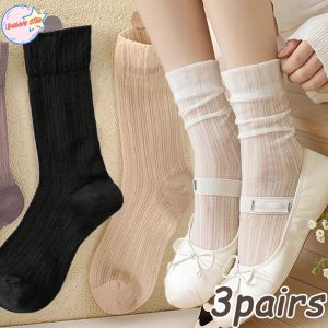 ถุงน่องผ้าไหมคริสตัลผู้หญิงหญิงสาวถุงเท้ายาวปานกลาง1/3คู่สไตล์บัลเล่ต์มีระบายถุงน่องตาข่ายบางใสสไตล์โลลิต้า