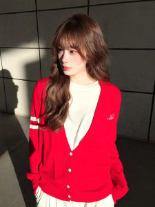 Áo Len Cardigan Dệt Kim Ôm Vừa Vặn Màu Đỏ Miu System Phong Cách Mới Mùa Đông Áo Khoác Ngoài Nữ Áo Len Cổ Chữ V Dài Tay