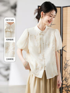 Elegant Embroidered Short Sleeve Shirt Womens Style Bubble Sleeve Chinese National Trend Summer New High Fashion Top
