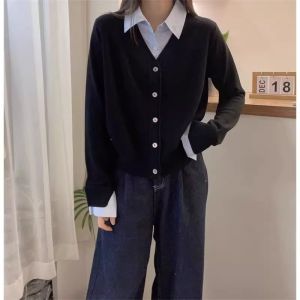 Outlets First-Line Big Brand Big Sale Leak-Picking Knitwear Cardigan Womens Long Sleeve Spring and Autumn Chic Fake Two-Piece Tops