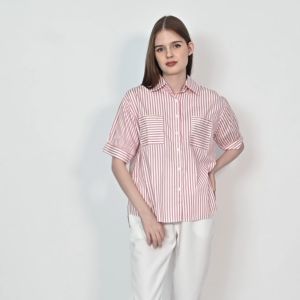 QUEENTIN Kemeja Casual Wanita 0354 Katun Jepang Salur Lengan Pendek