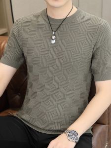 Mens Slim Fit Thickened Short Sleeve Knitted Sweater Half Sleeve T-Shirt Base Shirt Mens Style Casual Wear Polyester Blend