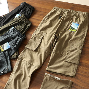 Versatile Mens Outdoor Workwear Casual Pants Elastic Waist Multi-Pocket Thin Straight Leg Long Trousers Spring Summer