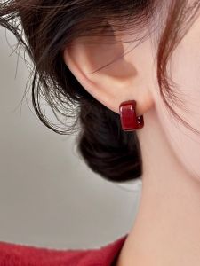 S925 Sterling Silver Earrings Womens Luxury Red Drip Glaze Studs Fashionable Geometric Shape Ear Jewelry