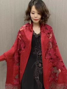Khăn Choàng Lụa Đỏ Thêu Hoa Cưới Cho Mẹ Và Bà Ngoại Có Tay Dài Áo Khoác Ngoài Trang Phục Dân Tộc Trung Quốc Khăn Choàng Lụa Đa Năng Mùa Thu Đông