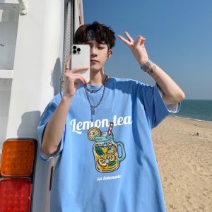 Blue Short Sleeve Cotton T-Shirt Mens Summer Style Dopaamine Couple Fashion 250g Heavyweight round Neck Trendy Male Cool Handsome