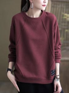 เสื้อสเวตเตอร์คอกลมแขนยาวผ้าฝ้ายแท้ 100% ทรงหลวม แฟชั่นลำลอง สำหรับผู้หญิง ฤดูใบไม้ร่วง/ฤดูหนาว เสื้อผ้าทำงาน